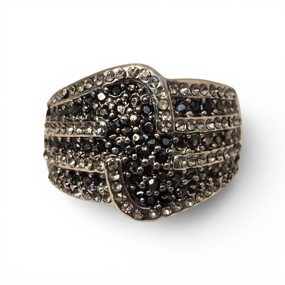 Lia Sophia Soiree Statement Ring Black Rhinestones Silvertone Band Size 8 in Box